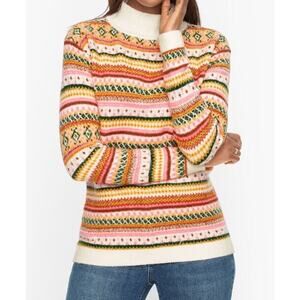 Talbots fair isle sweater Mock Neck Medium P Retro Ski Soft Fuzzy Cozy Preppy